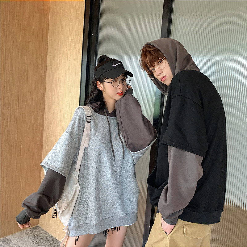 Hong Kong Style couple's patchwork fish scale cotton fake two piece Hooded Coat Color Contrast Pullover