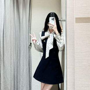 早秋两件套女神范气质波点蝴蝶结飘带长袖衬衫背心连衣裙