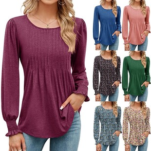 bubble sleeved long Women& round pure 39;s casual necked sle