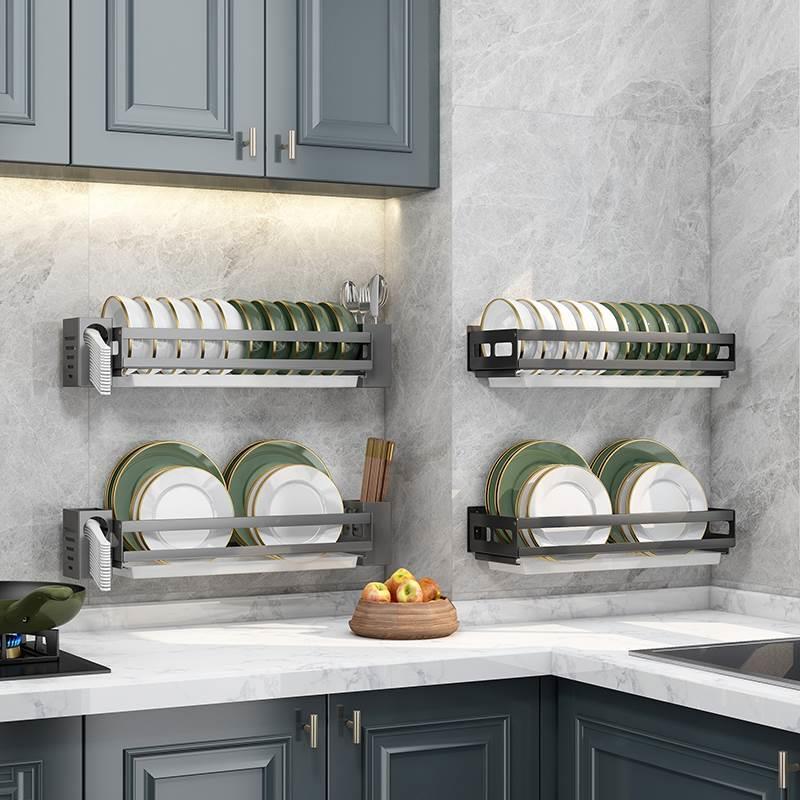 沥水碗碟架壁挂式盘筷子汤勺餐具收纳免打孔墙上不锈钢厨房置物架