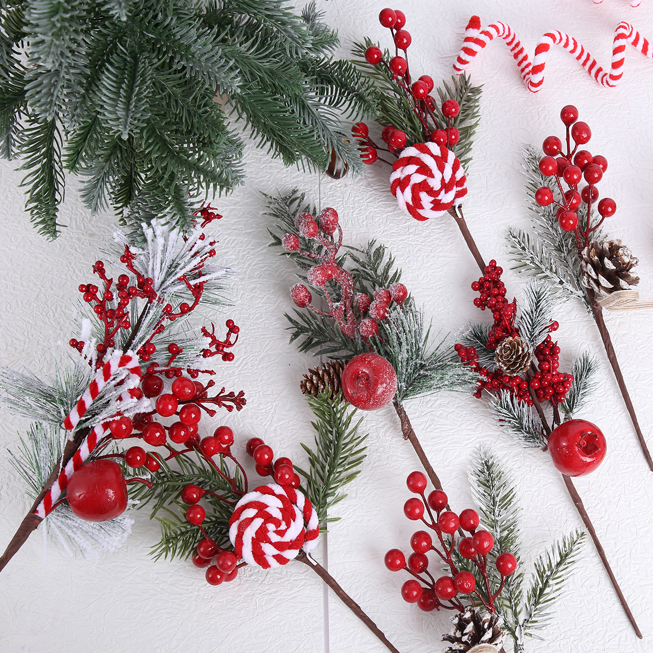 【圣诞节新品】浆果插枝装饰松针配件节日仿真植物红浆果松果插件