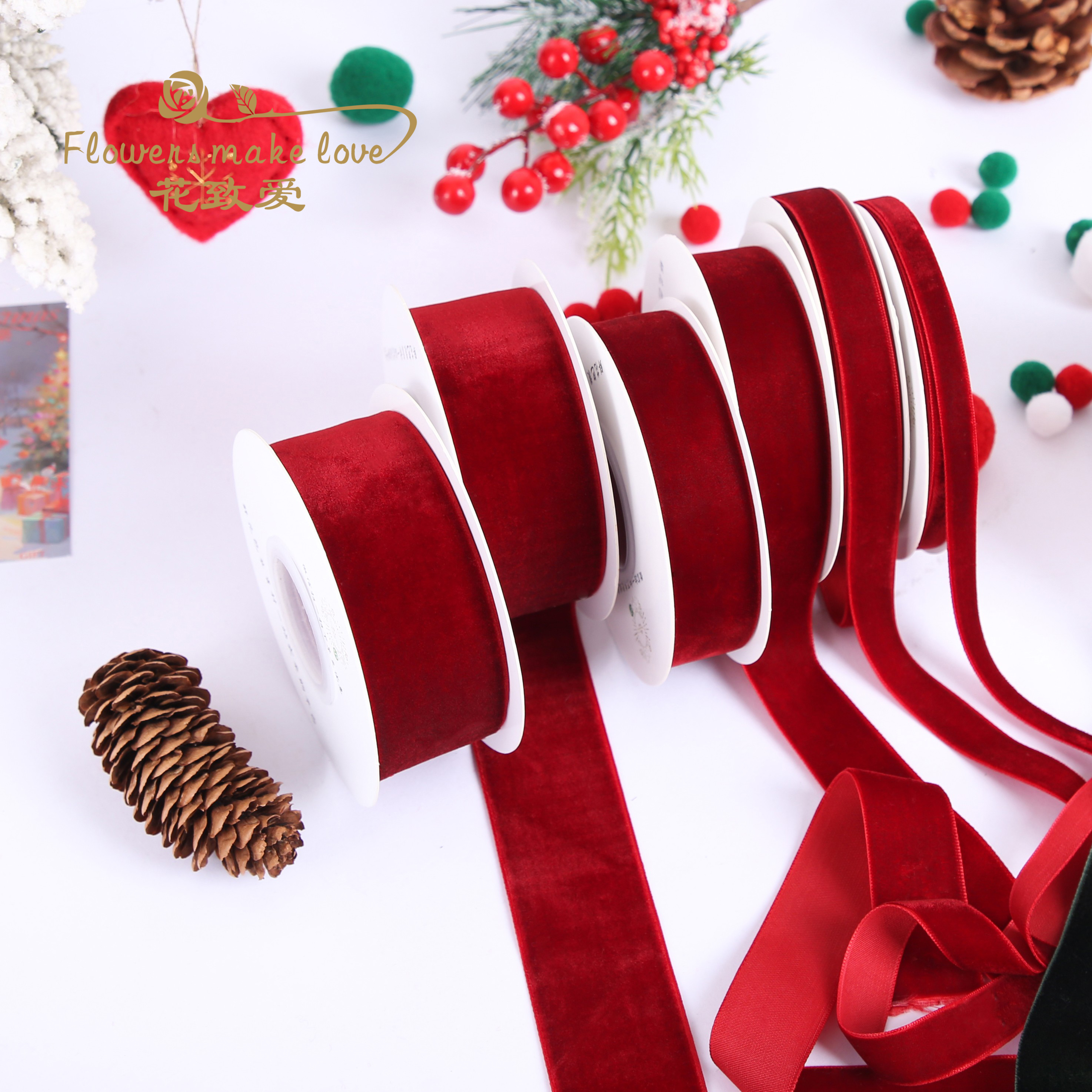 圣诞节植绒丝带酒红色天鹅绒diy蝴蝶结手工鲜花束礼物盒包装绑带