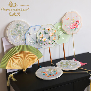 古风刺绣团扇福桶插花国风苏绣扇子高档年宵花装 饰拍照道具儿童舞