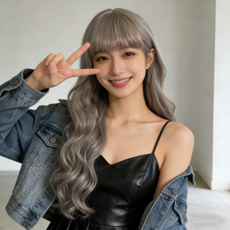 现货欧美时尚奶奶灰长卷发假发女