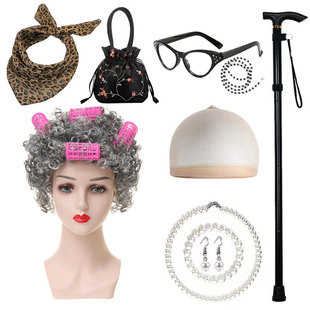 亚马逊老奶奶假发老爷爷老婆婆假发服装开学100天老妇人假发套装