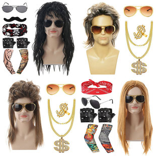 亚马逊热销COS朋克假发套重金属欧美男士 迪斯科嘻哈摇滚假发套装