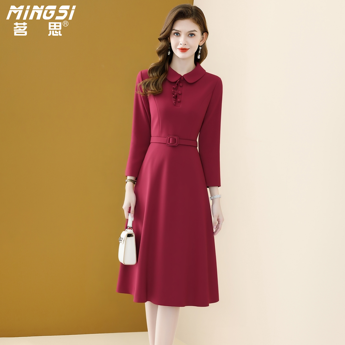 高级优雅大气翻领收腰连衣裙女