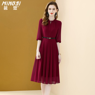 茗思红色高级感连衣裙女2026春季新款木耳边领气质减龄五分袖裙子