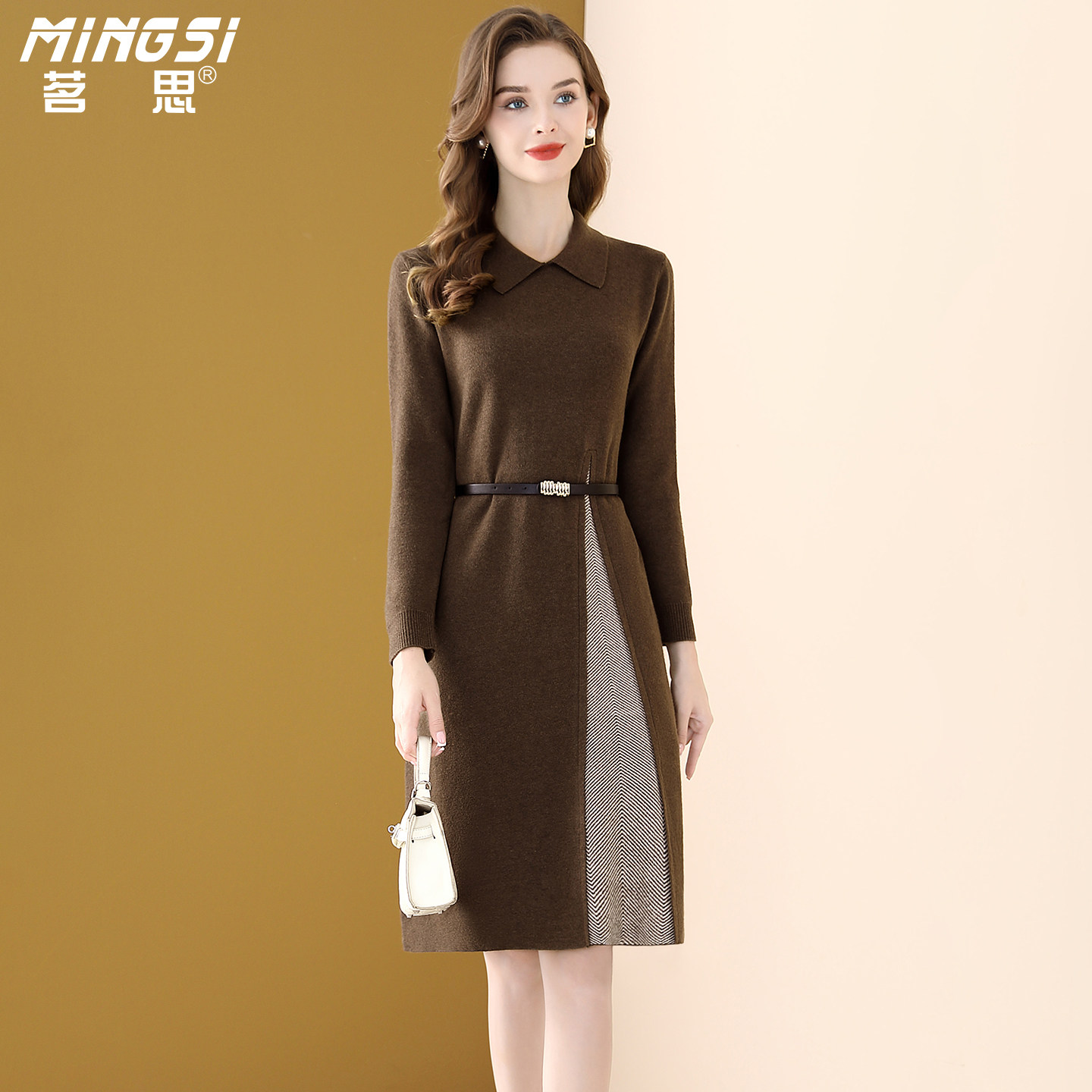 茗思复古翻领针织连衣裙女2026春季新款气质显瘦拼接撞色打底裙子,女装/女士精品,连衣裙,淘宝优惠券,粉丝福利购,淘宝优惠卷