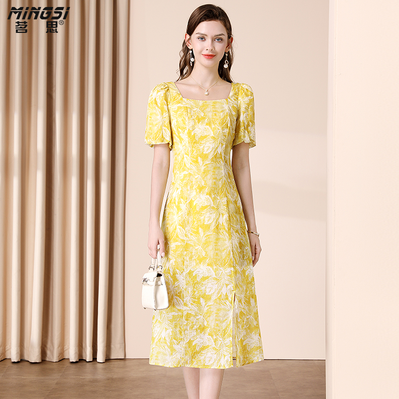 气质印花方领开叉苎麻连衣裙