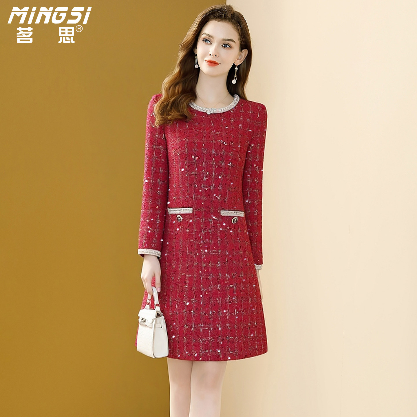 茗思小香风红色连衣裙女2025冬季新款名媛粗花呢显瘦小个子a字裙,女装/女士精品,连衣裙,淘宝优惠券,粉丝福利购,淘宝优惠卷