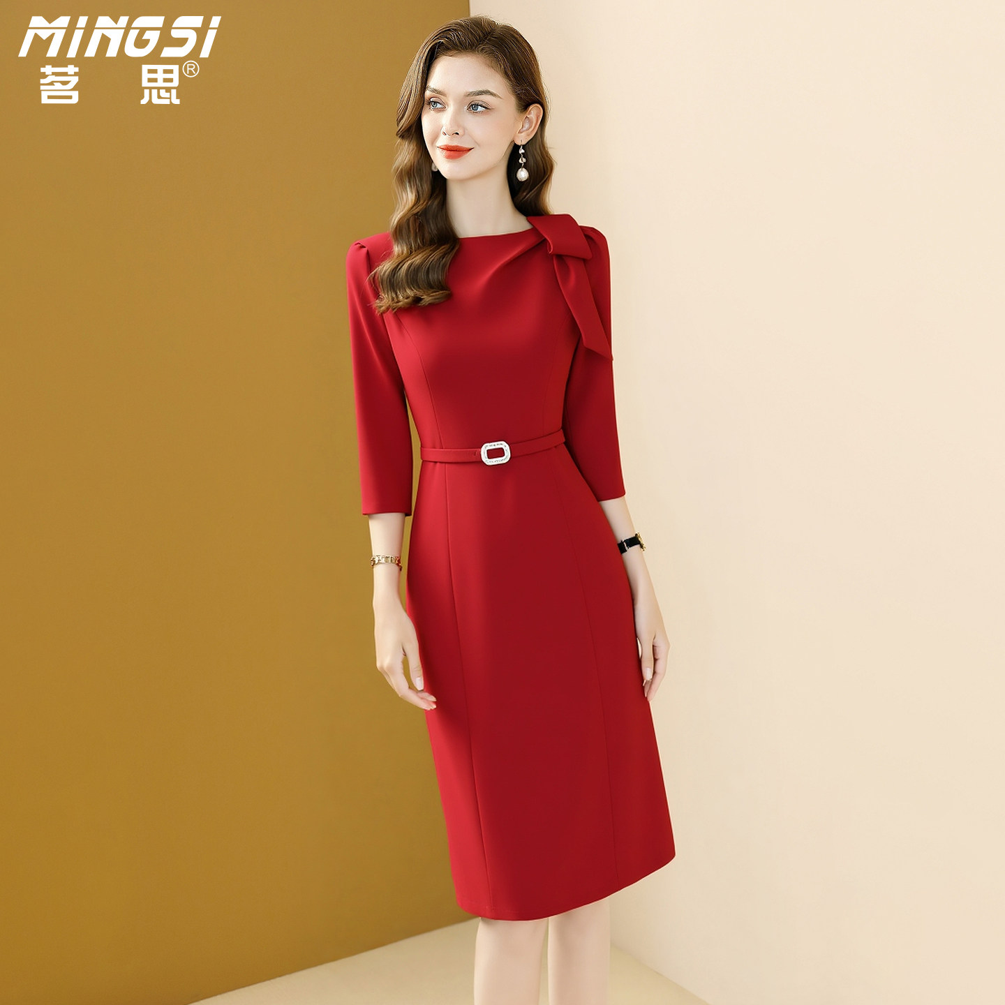 茗思优雅气质七分袖连衣裙女2026春季新款收腰显瘦正式场合包臀裙,女装/女士精品,连衣裙,淘宝优惠券,粉丝福利购,淘宝优惠卷