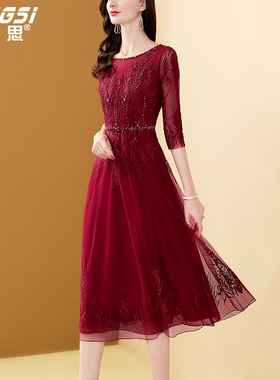 茗思刺绣连衣裙2026春季新款女红色喜庆钉珠气质修身网纱长裙