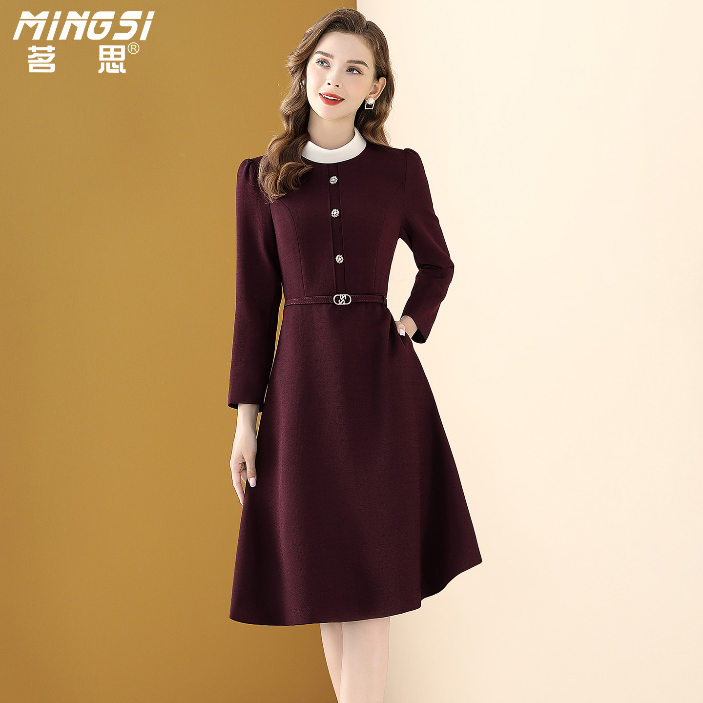 名媛气质撞色立领高级连衣裙女