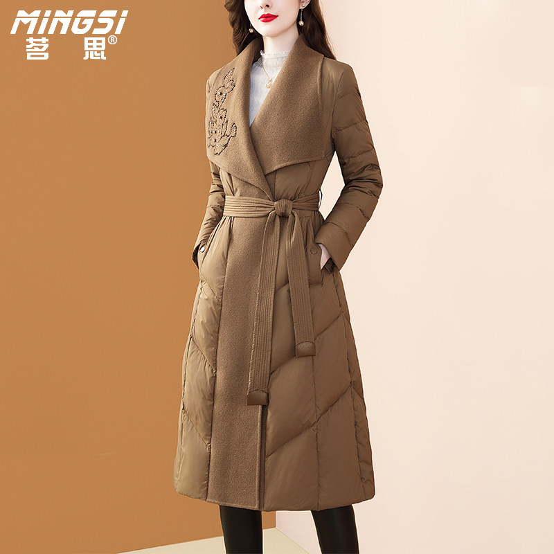 茗思双面呢拼接羽绒服女冬季2025新款羊毛刺绣保暖白鸭绒中长外套