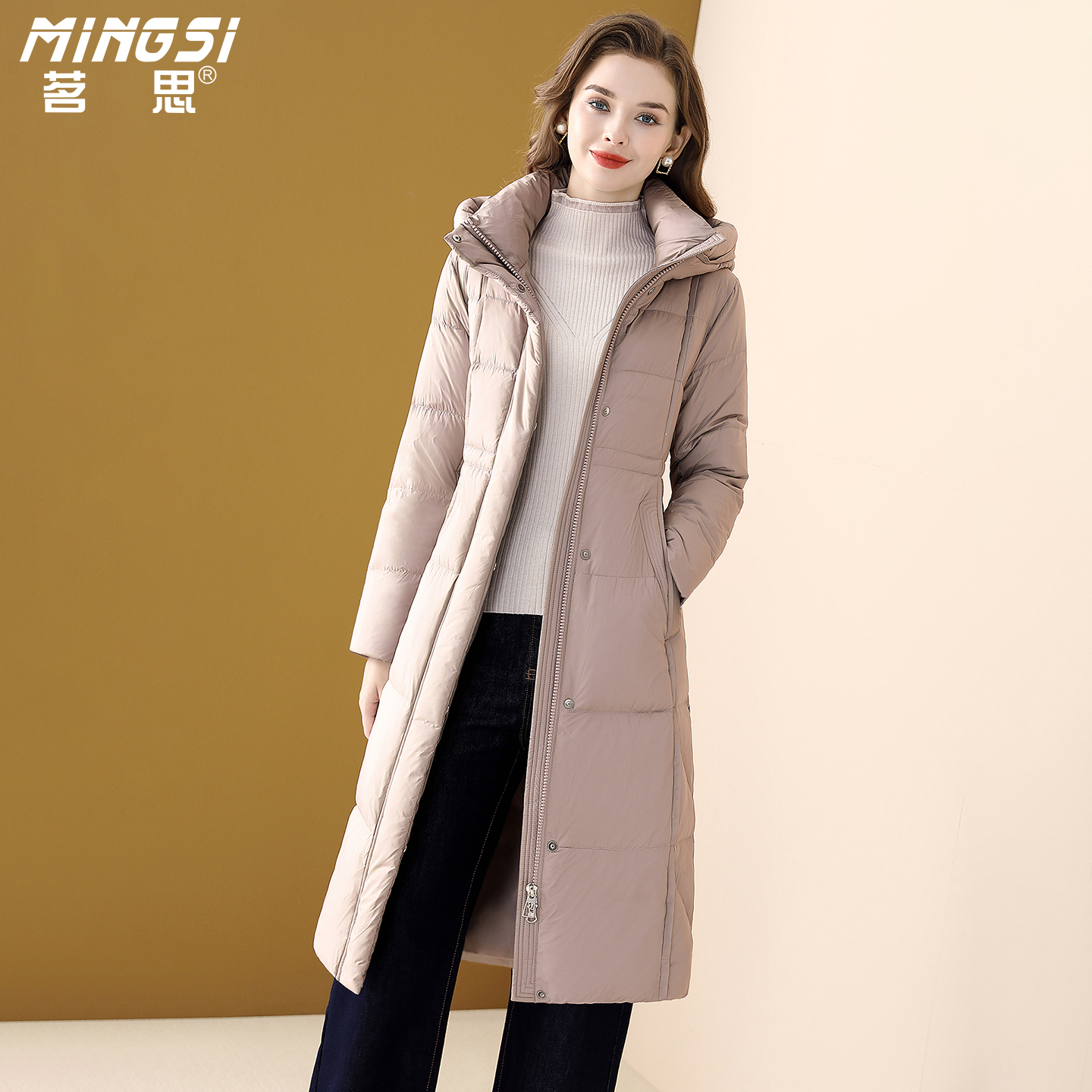 时尚连帽90鸭绒中长款羽绒服女