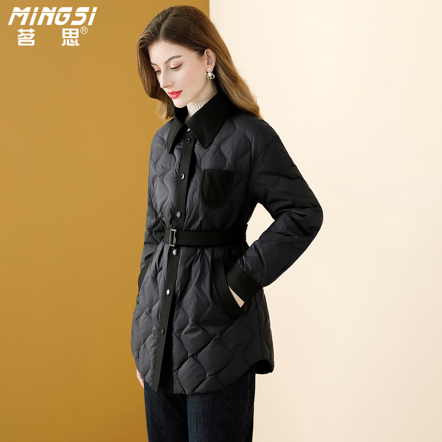 黑色轻薄90鹅绒中长款羽绒服女