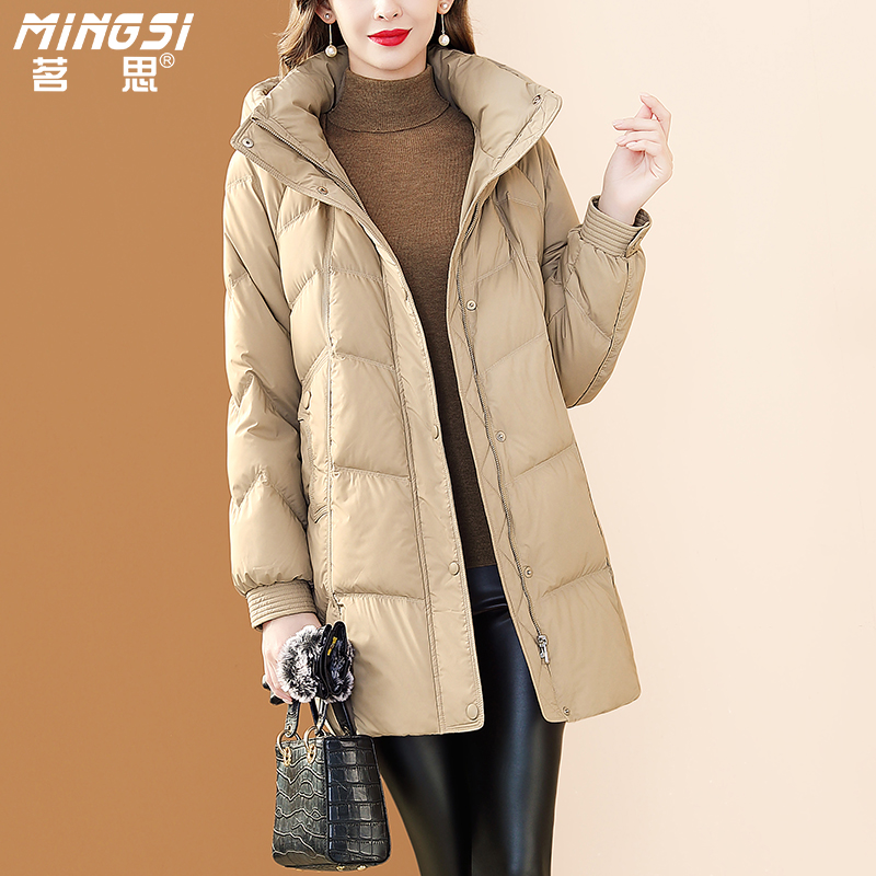 白鹅绒加厚中长款连帽保暖羽绒服