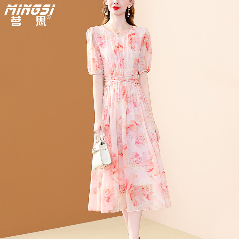 茗思雪纺印花短袖连衣裙2025夏季新款气质别致收腰显瘦轻熟风裙子,女装/女士精品,连衣裙,淘宝优惠券,粉丝福利购,淘宝优惠卷