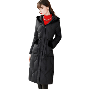 茗思高级感黑色连帽羽绒服女冬季2024新款保暖白鸭绒显瘦中长外套