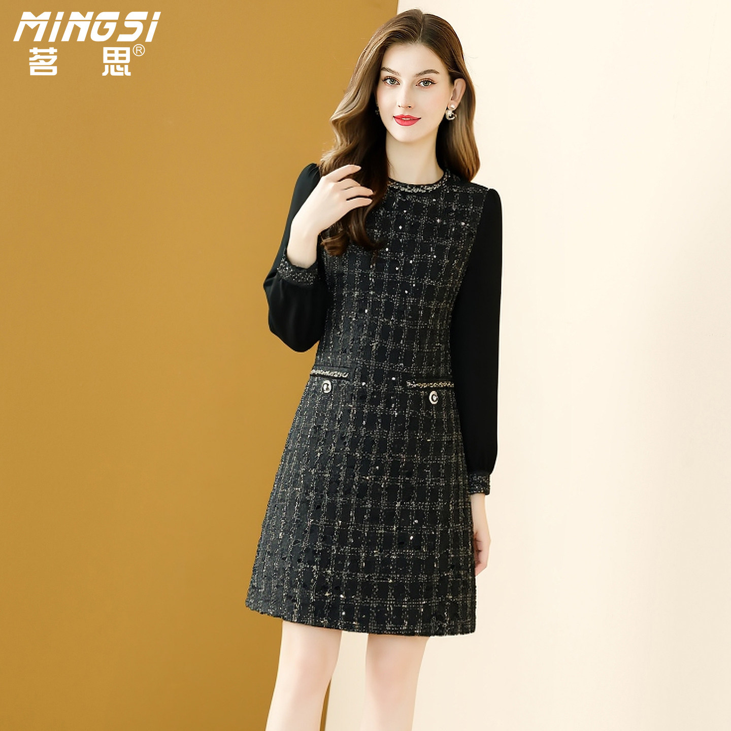 茗思小香风轻奢连衣裙女2026春季新款名媛钉珠粗花呢气质显瘦裙子,女装/女士精品,连衣裙,淘宝优惠券,粉丝福利购,淘宝优惠卷