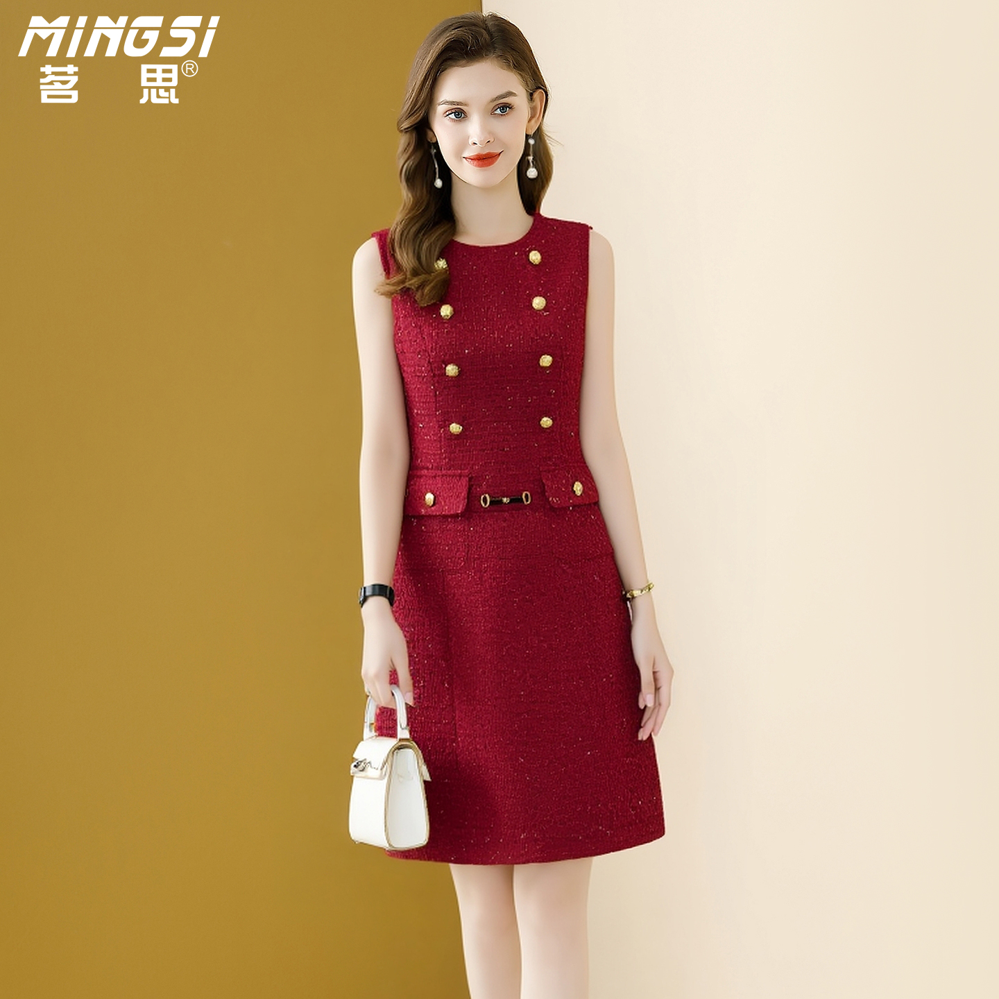 名媛小香风粗花呢无袖连衣裙女