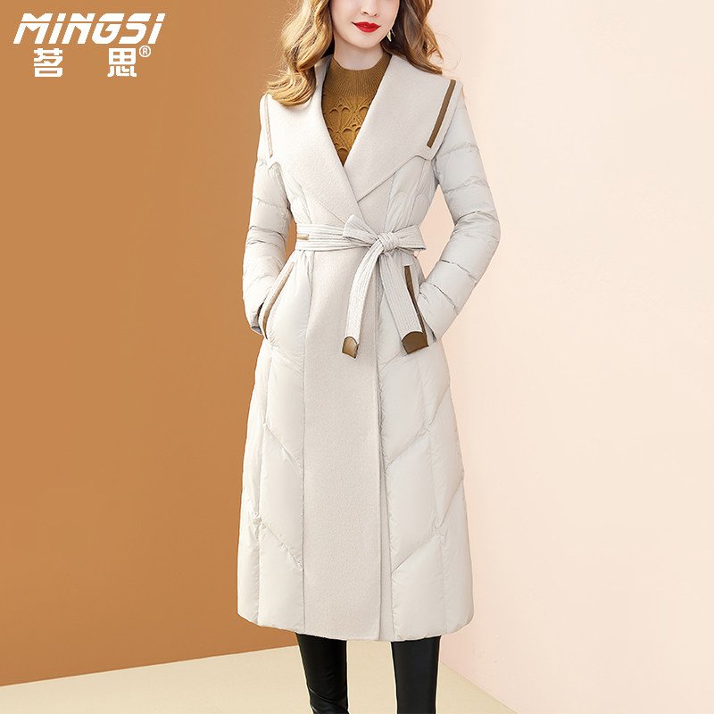茗思高级感中长款90白鸭绒羽绒服女2025冬新款拼接双面呢保暖外套