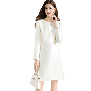 茗思白色气质长袖连衣裙2026春秋新款小个子轻奢减龄收腰显瘦裙子