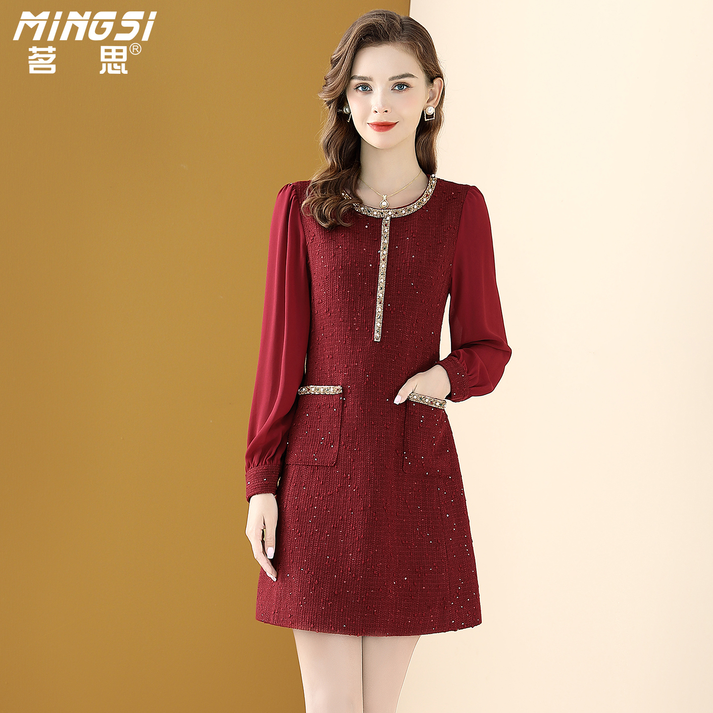 名媛红色小香风重要场合连衣裙女