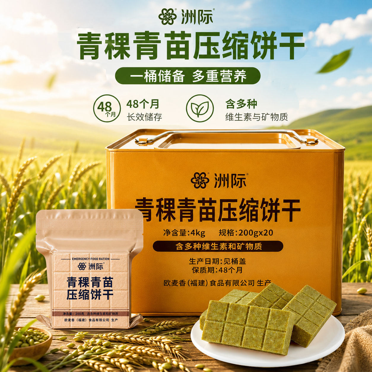 洲际青稞青苗压缩饼干4kg装48个月长保质期一箱储备营养储备干粮