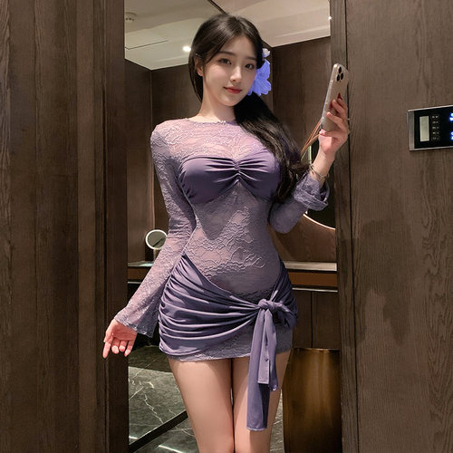 性感透视长袖蕾丝睡裙套装