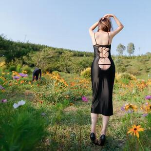 解除限制 性感露出任务心机露背修身连衣裙女弹力冰丝包臀长裙子