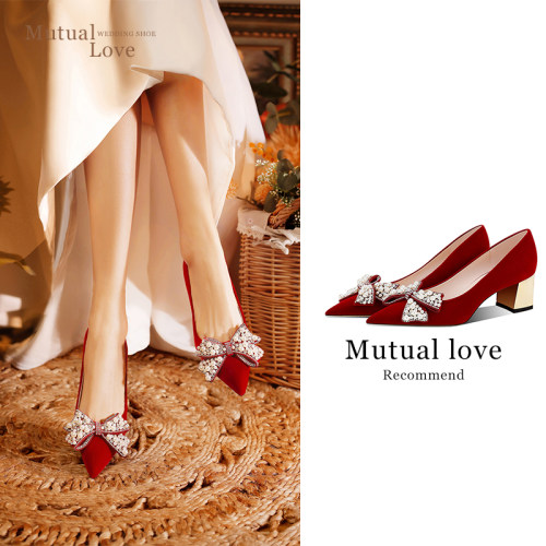 Mutuallove新娘婚鞋女粗跟蝴蝶结