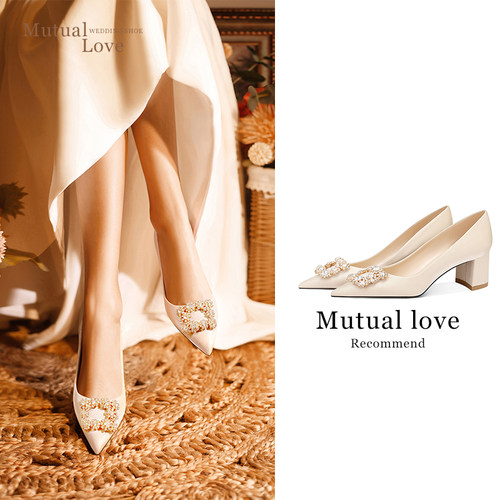 空气棉绸缎婚鞋主婚纱粗跟新娘鞋