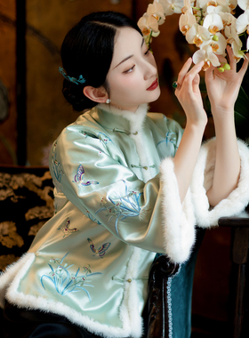 兰园醉月丨一城风絮丨绿色清雅绣花加厚中式民国风对襟上衣袄