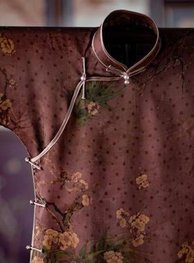 听杏雨丨一城风絮丨中式民国风真丝香云纱立领盘扣倒大袖旗袍