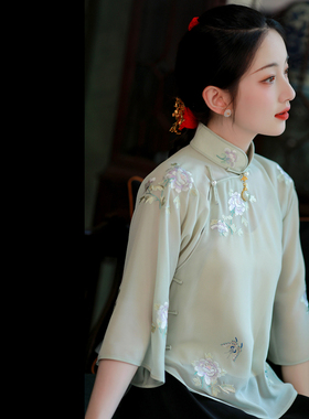 闲时观春丨一城风絮丨夏季绿色薄纱绣花立领民国风倒大袖盘扣上衣