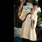 宽松 春秋米色提花缎复原清汉斜襟女袍上衣装 云鬓香晚 一城风絮