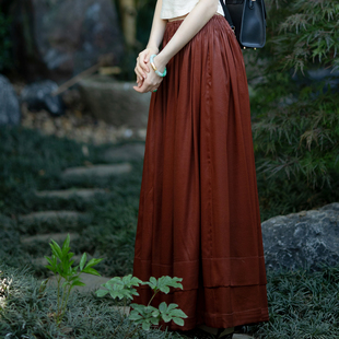 烟雨寻芳丨一城风絮丨真丝香云纱压褶A摆伞裙宽松百搭半身裙