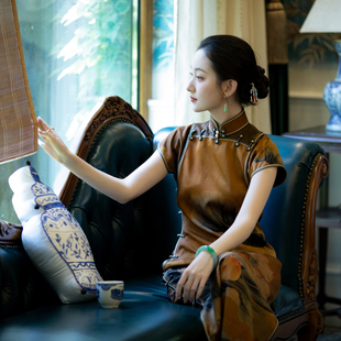 真丝重缎香云纱复古一字襟花扣修身 夏季 旗袍 一城风絮 晚荷聆雨