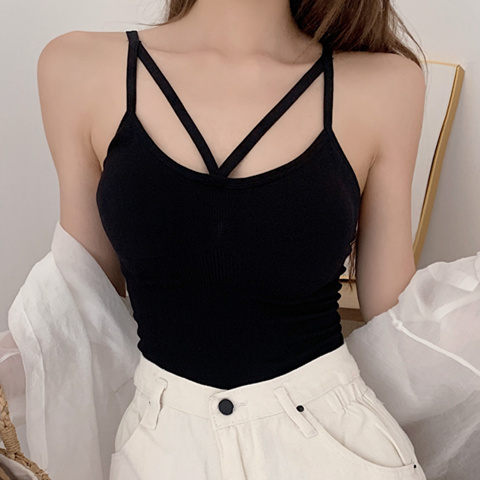 小吊帶背心女夏外穿網(wǎng)紅爆款美背內(nèi)衣交叉帶胸墊性感針織打底上衣