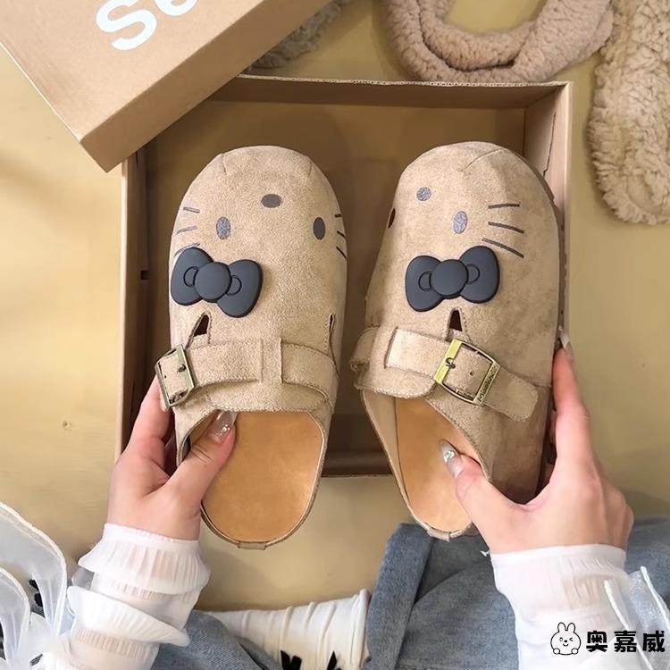 卡通可爱凯蒂猫勃肯鞋女2025年春季新款外穿日系复古一脚蹬包头拖