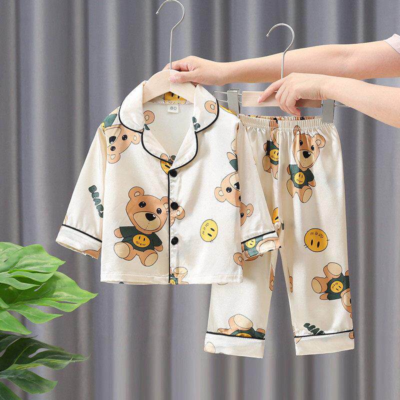 儿童薄款长袖长裤空调服冰丝家居男童女童睡衣宝宝夏季套装服相框