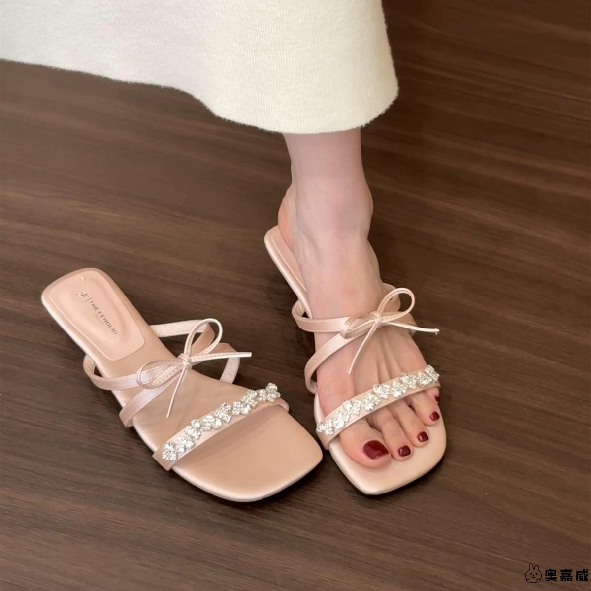 法式粗跟水钻一字拖鞋仙女鞋子外穿2025秋季