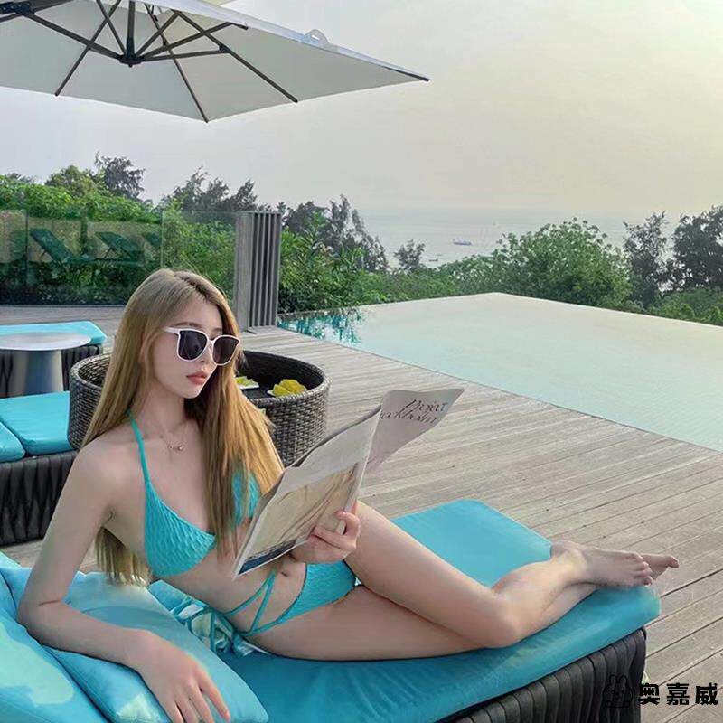 泳衣女2025新款青蓝色比基尼性感小胸三点式挂脖bikini沙滩泡温泉
