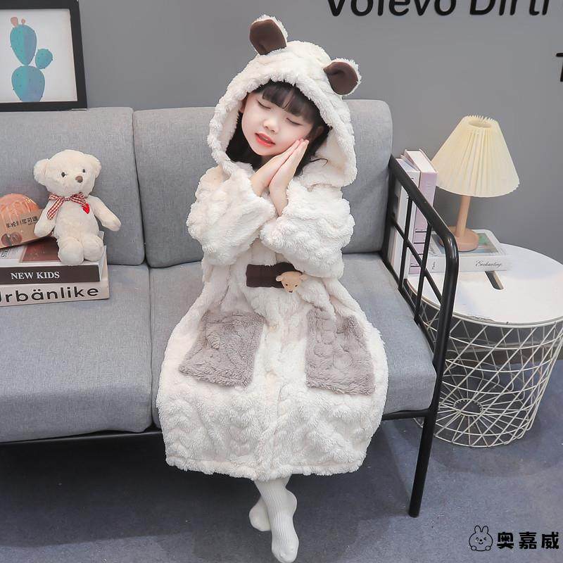 冬季儿童加厚珊瑚绒睡袍女宝连帽长款睡衣小女孩秋冬款法兰绒浴袍
