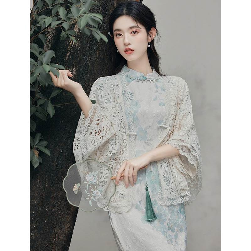 新中式国风旗袍披肩女夏季配吊带裙外搭罩衫蕾丝防晒开衫薄纱外套