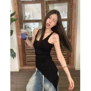 顯瘦疊穿黑色無袖 上衣外穿 不規則修身 純欲辣妹掛脖吊帶背心女夏季