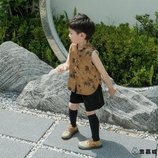醋酸缎面马甲儿童国风单排扣立领背心 新中式 汉服男童秋季 2025新款