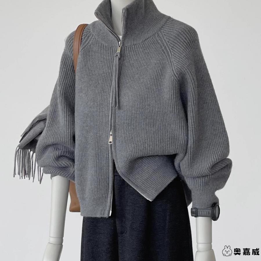 冬季加厚毛衣开衫外套女双拉链灰色高领针织女新款宽松慵懒风上衣